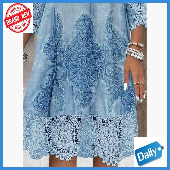 V-Neck 3/4 Sleeve A-Line Mini Dress Cotton Lace Embroidery Casual - Picture 4 of 5